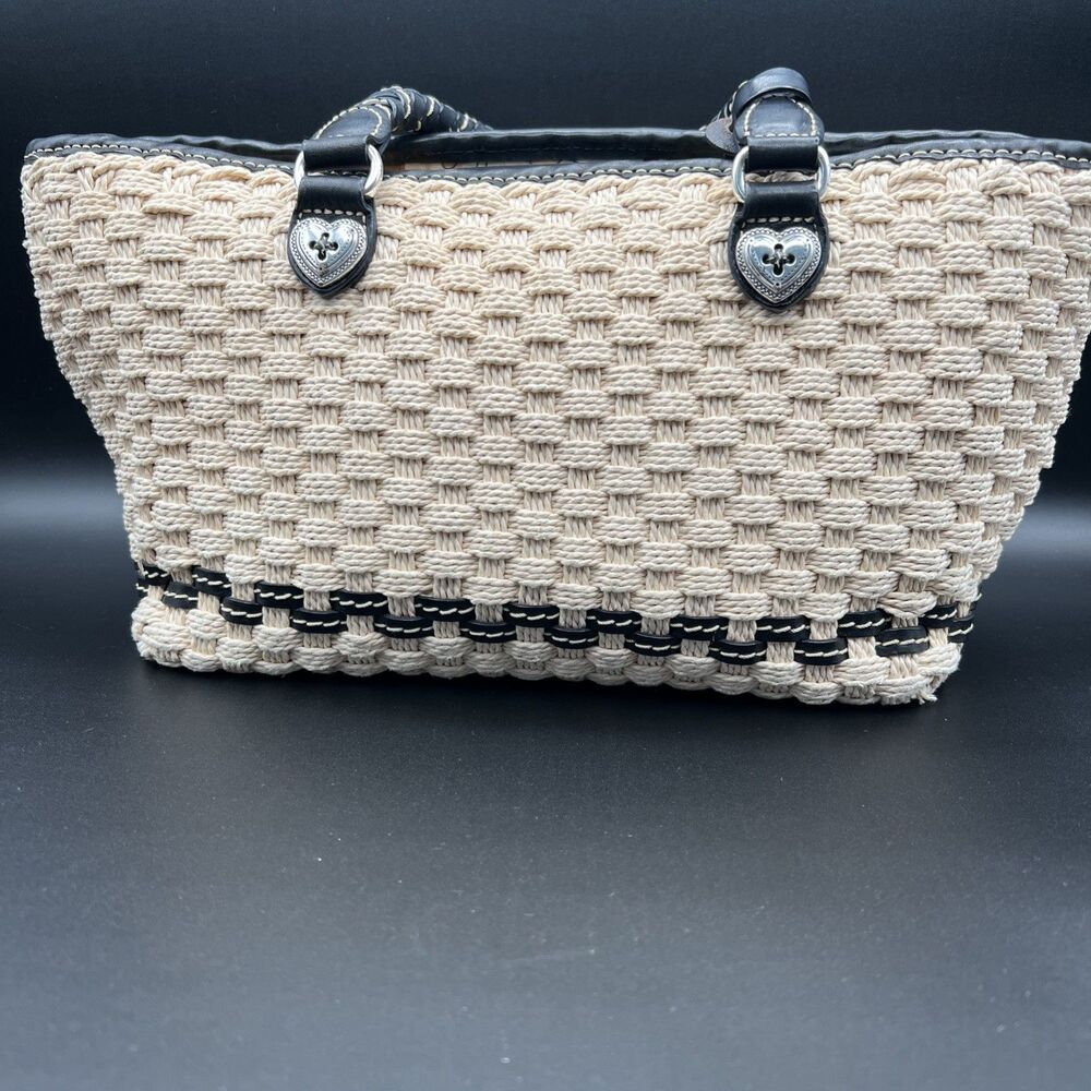 Vintage Brighton Peggy Woven Jute Straw Bag Tote Braided Black Leather Straps